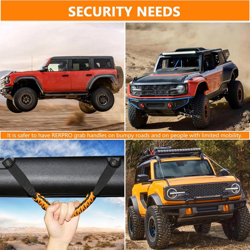 RERPRO 4 Pack Grab Handles for Ford Bronco Accessories 2021 2022 2023 2024 2025 2 Door 4 Door Interior Paracord Roll Bar Grip Door Handle No Embroidery Cyber Orange - Image 2